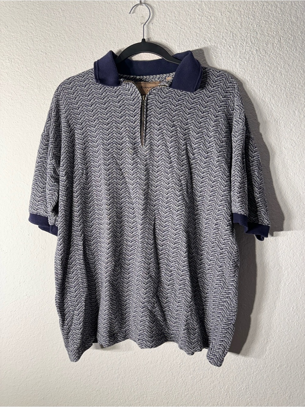 Vintage 90s Evan-Picone Sport Quarter Zip Chevron Knit Polo Shirt Mens XL Navy